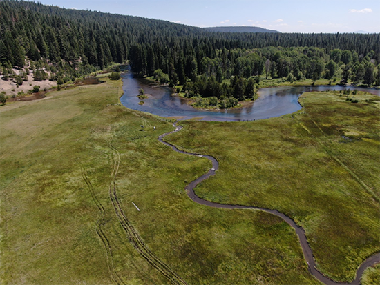 Aerial of Sun Creek winding through a field