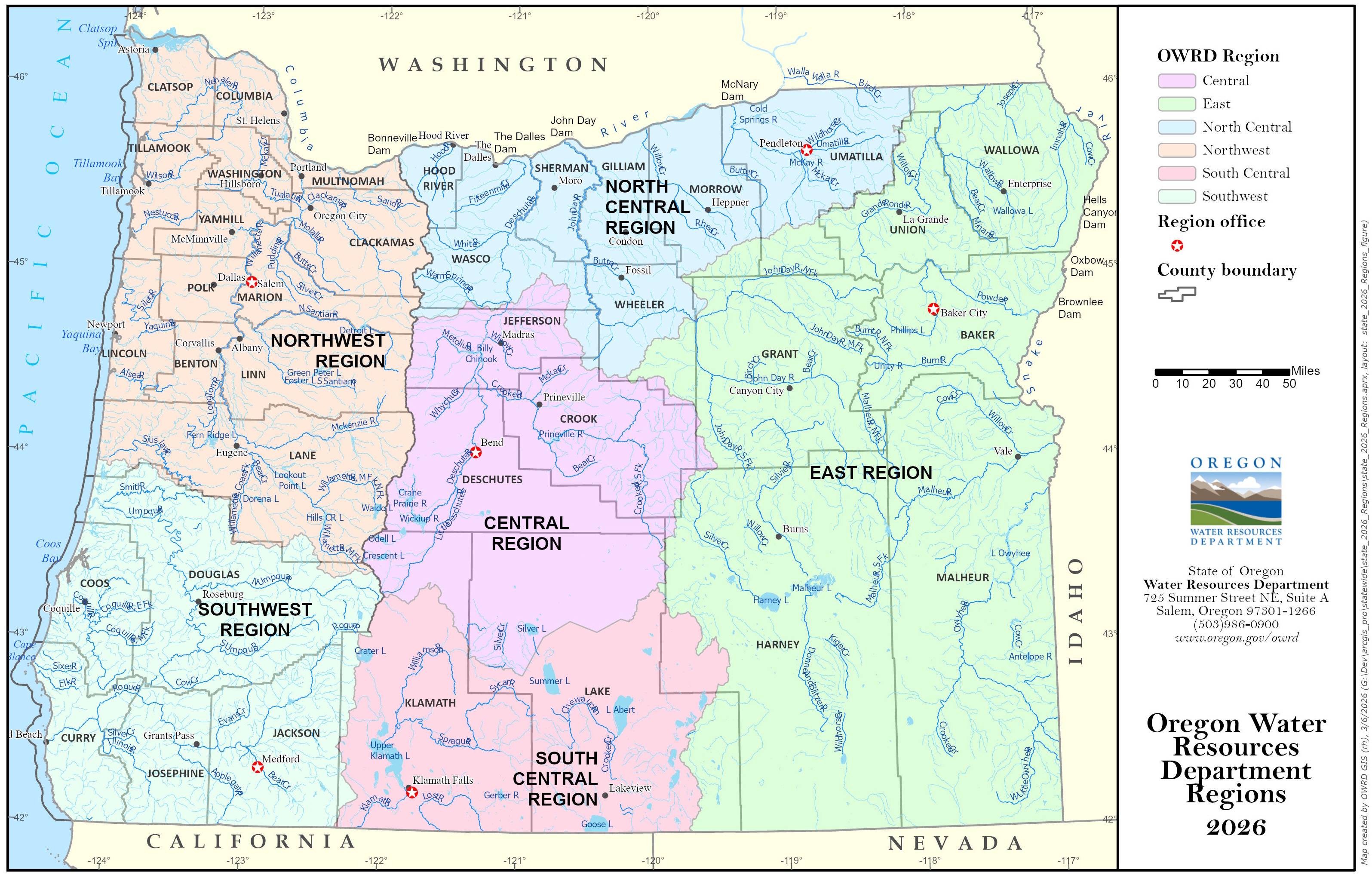 Map of Oregon and OWRD Regions