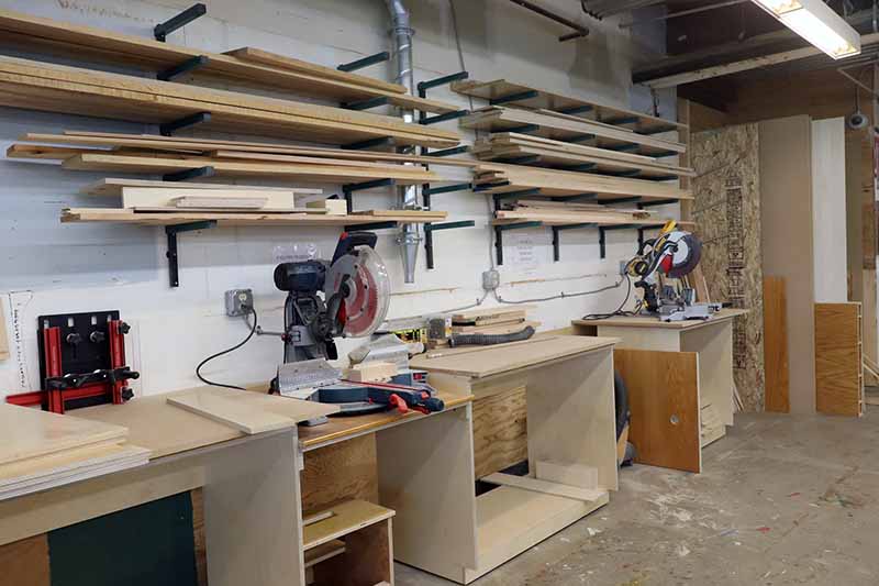 tools and wood in woodshop