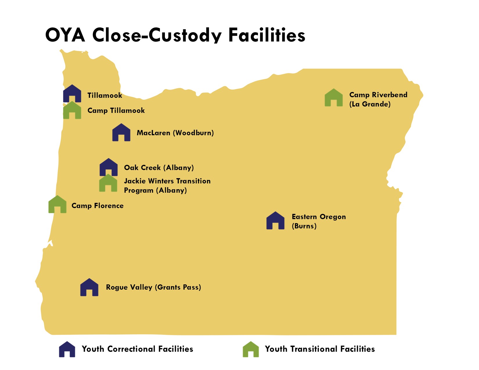 Oregon map with locations of OYA facilities