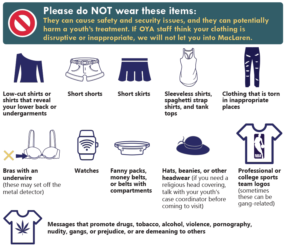 Graphic showing what clothing items are not allowed at MacLaren