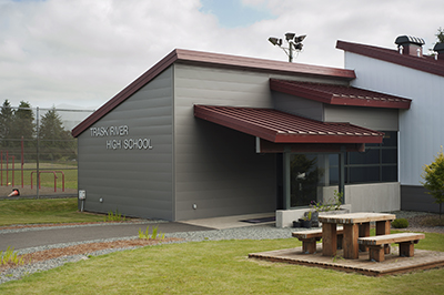 Trask River High School Facade and bench