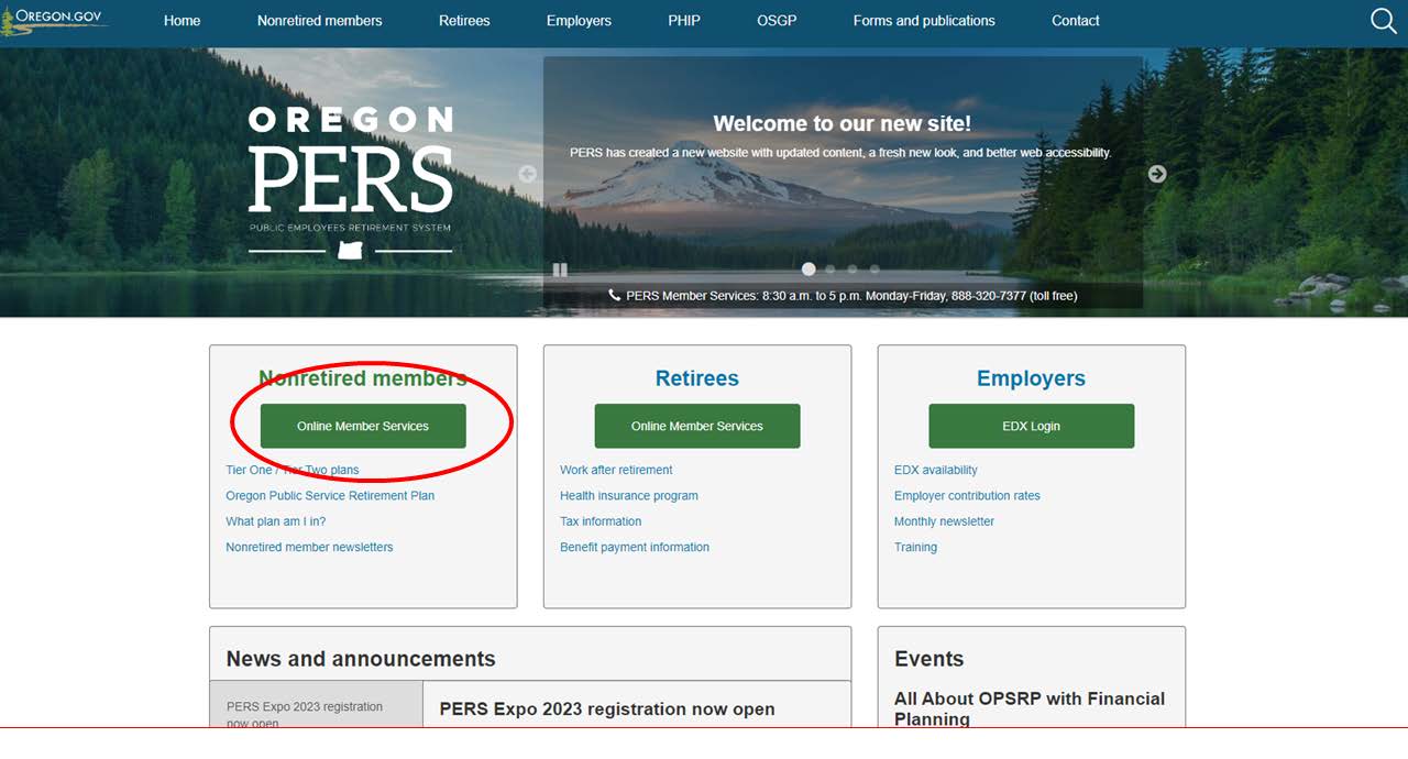 PERS homepage showing where to select the Online Member Services button to begin creating an account.