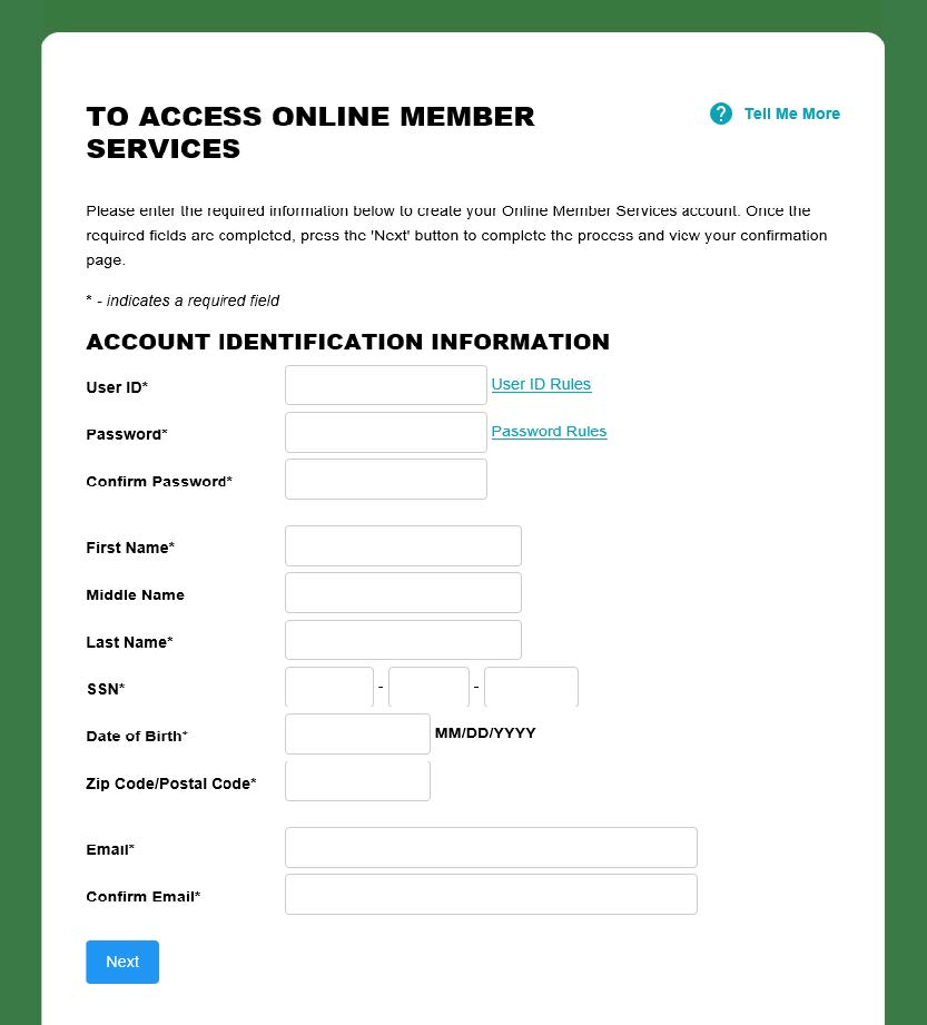 Online Member Services account‑creation form with fields to enter a user ID, password, personal information, and a ‘Next’ button.