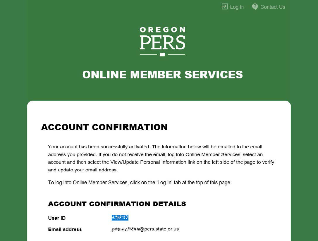 Account confirmation page showing that the Online Member Services account has been successfully created.