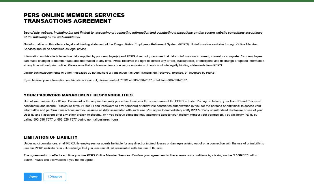 PERS Transactions Agreement page showing the terms users must accept before accessing Online Member Services.