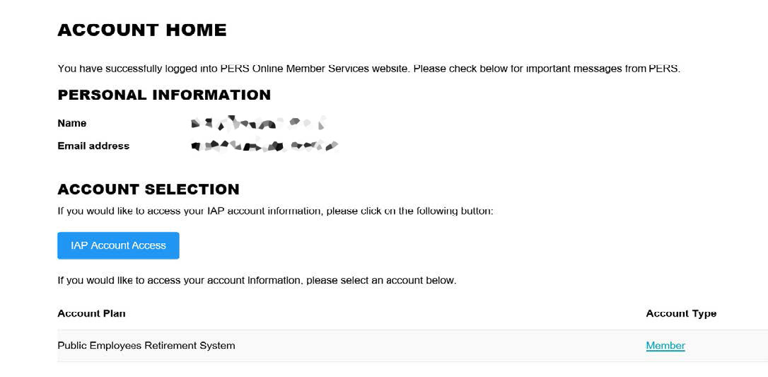 OMS Account Home page showing where to select your account to continue.