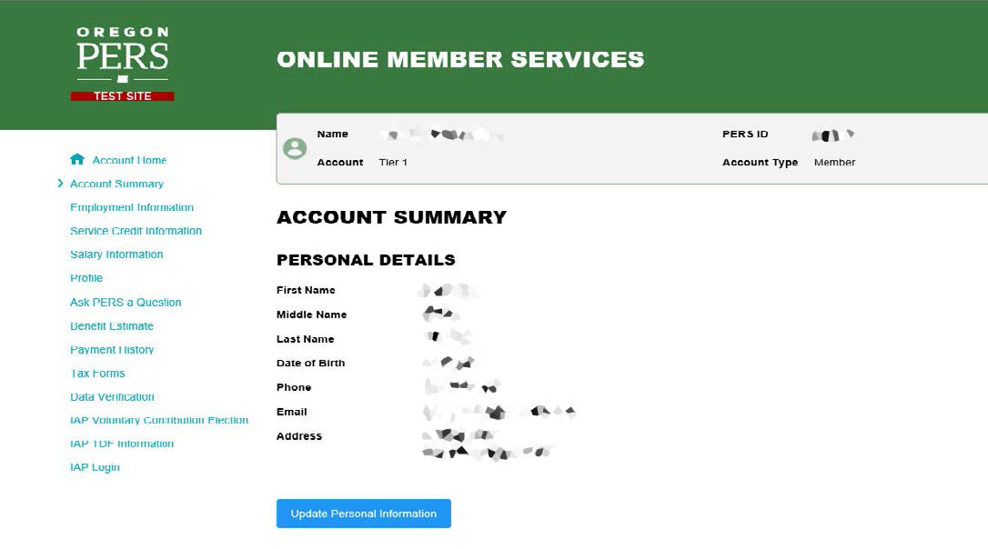 OMS Account Summary page showing where to view your personal details after selecting your account.
