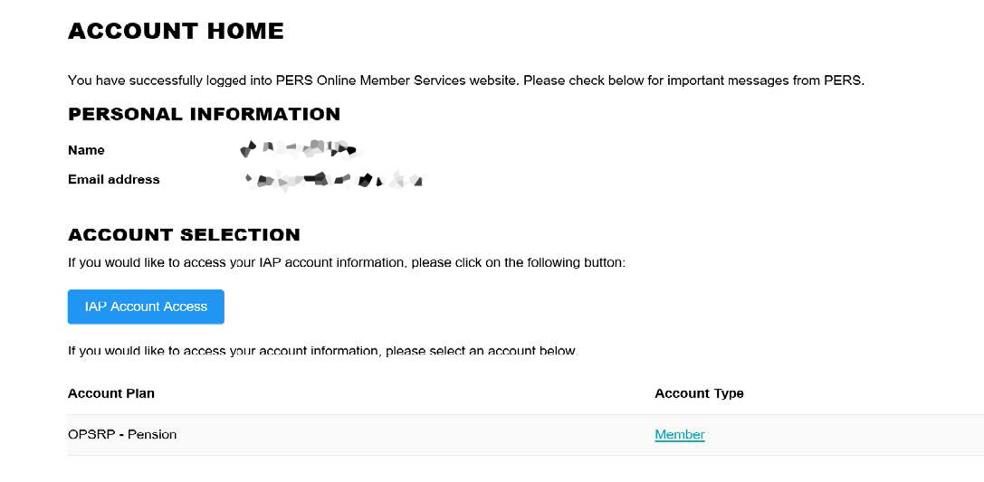 OMS Account Home page for an OPSRP member showing where to select the account to continue.