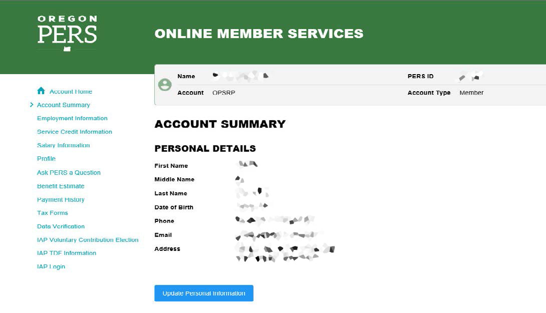 OMS Account Summary page for an OPSRP member showing where to view personal details after selecting the account.