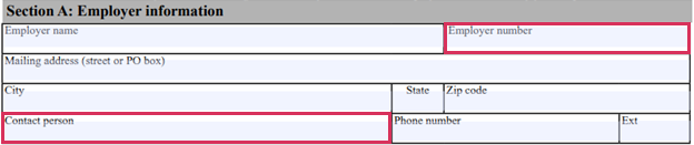 screen capture showing section A, and highlighting 'employer number' and 'contact person'