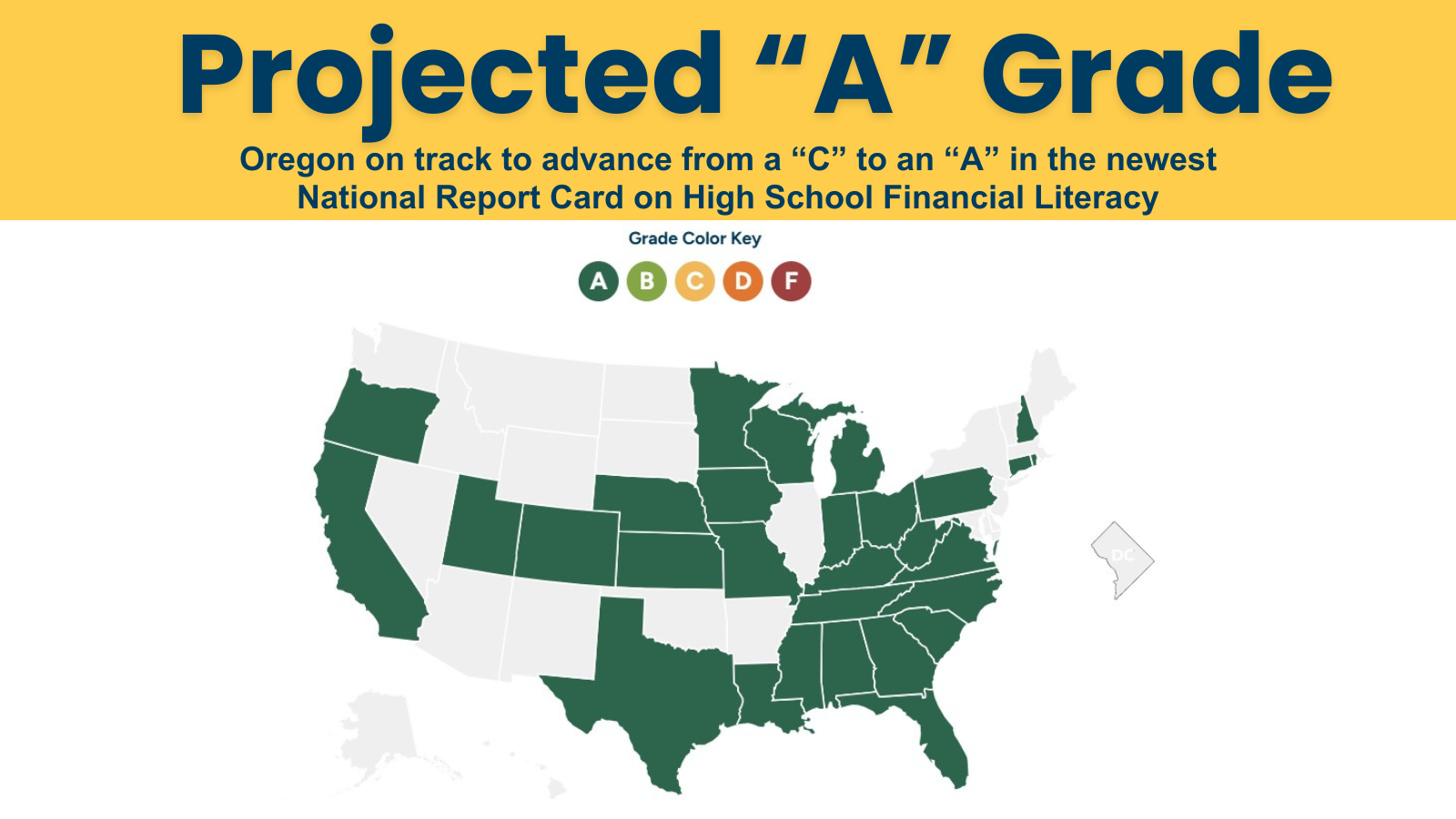 A map of all states wiht a projected A grade for Literacy