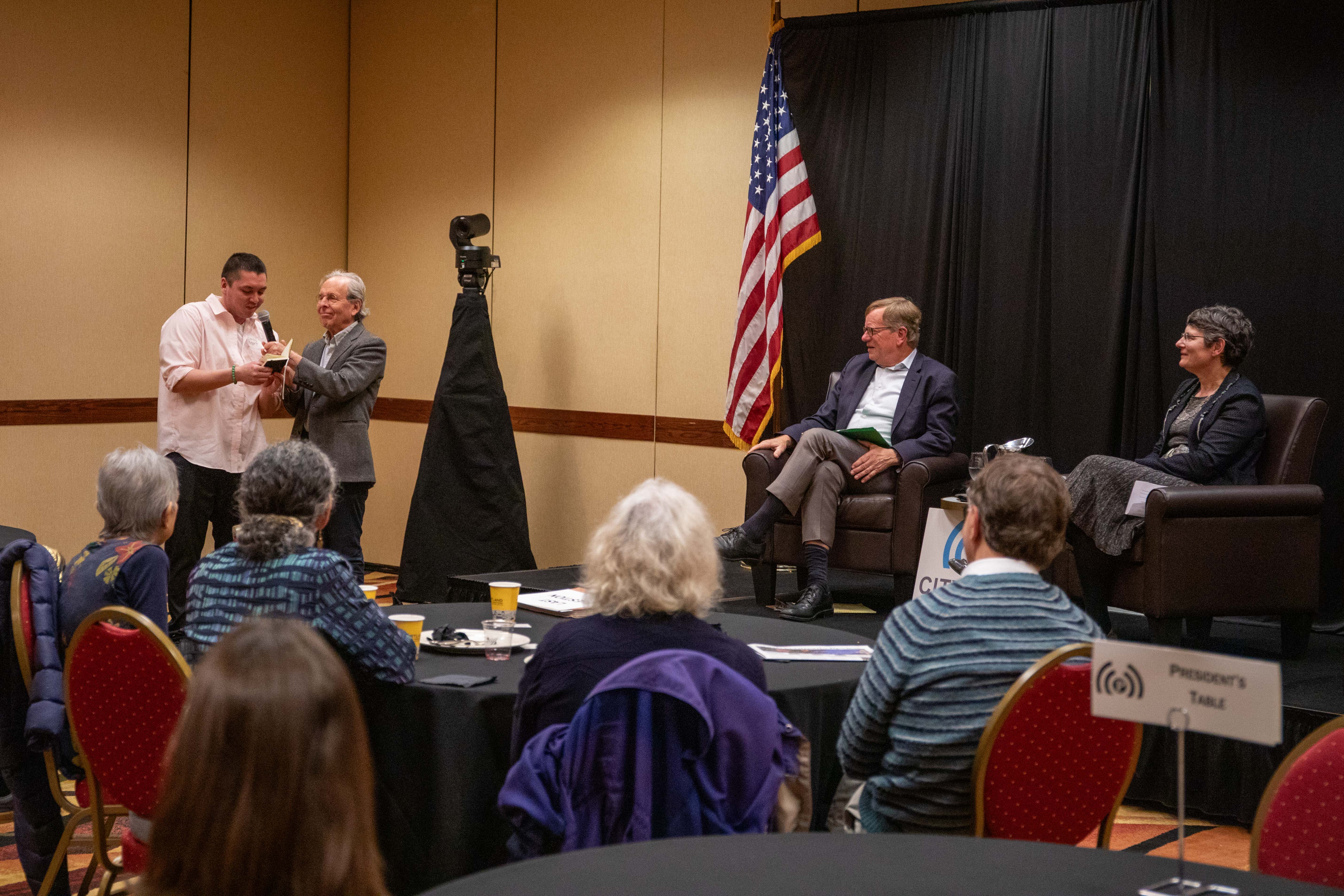 Picture Of Treasurer Steiner answering questions at the City Club of Portland