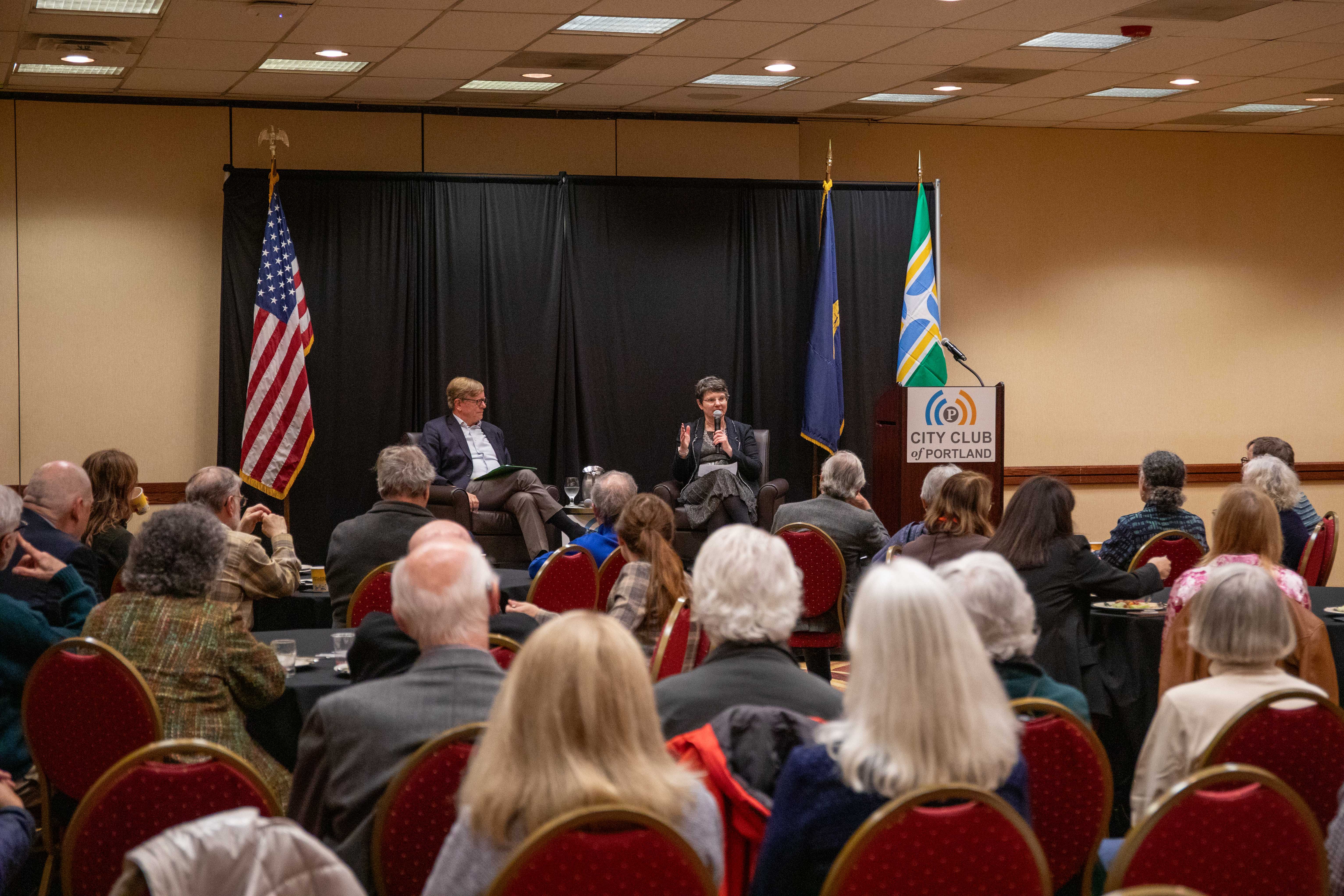 Picture Of Treasurer Steiner speaking at the City Club of Portland