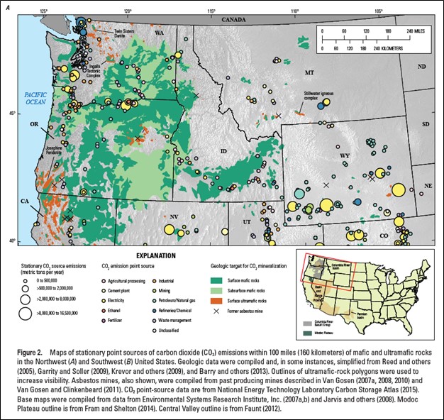 Map of stationary point sources of CO2 emissions within 100 miles of mafic and ultramafic rocks in the northwest & southwest US