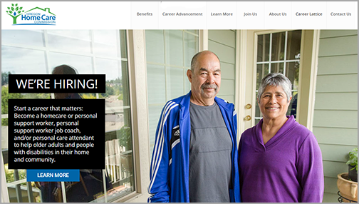 Workforce development home page screenshot that says "We're Hiring!"