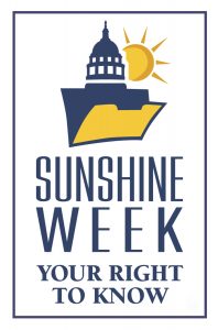 Logo for sunshine week with sun shining behind a capitol building dome.