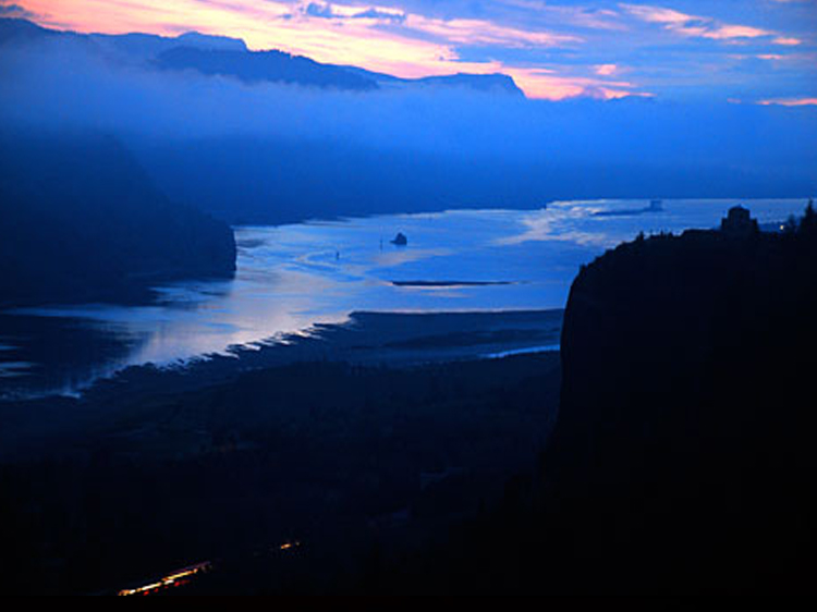 The Columbia River Gorge &amp; Crown Point at sunrise from the Women&#39;s Forum Viewpoint (Oregon State Archives Photo). 